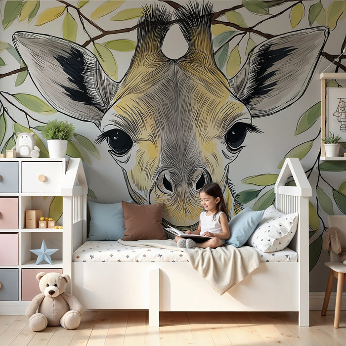 Papel de parede quarto bebê | Girafa amigável na selva