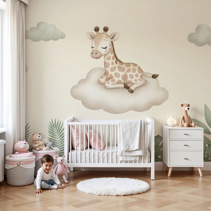 Papier peint chambre bébé | Girafe paisible sur un nuage