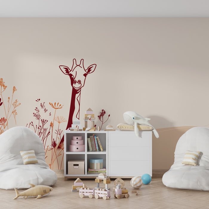 Papel de parede quarto bebê | Girafa sorridente e flores delicadas