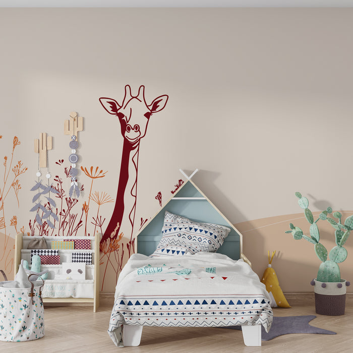 Papel de parede quarto bebê | Girafa sorridente e flores delicadas