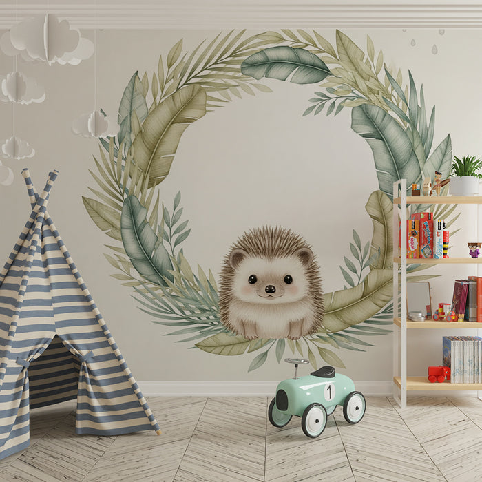 Papier peint chambre bébé | Hérisson mignon et feuillage doux