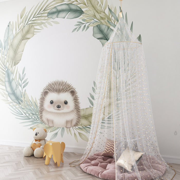 Papier peint chambre bébé | Hérisson mignon et feuillage doux