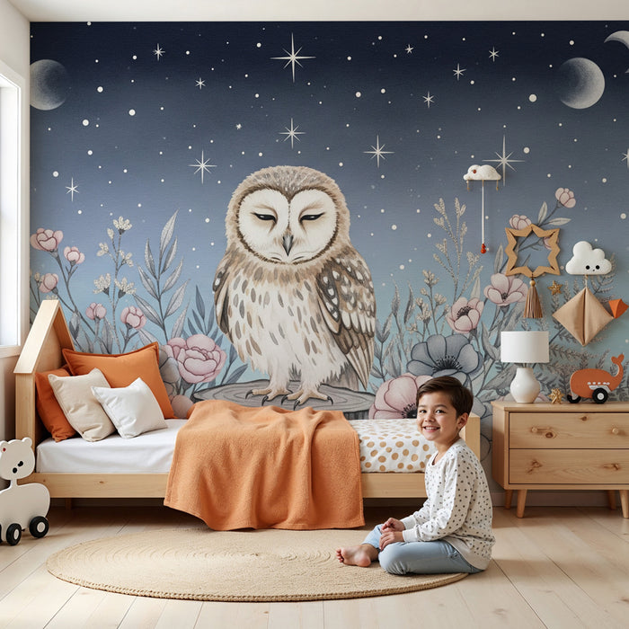 Papier peint chambre bébé | Hibou dans un ciel nocturne étoilé