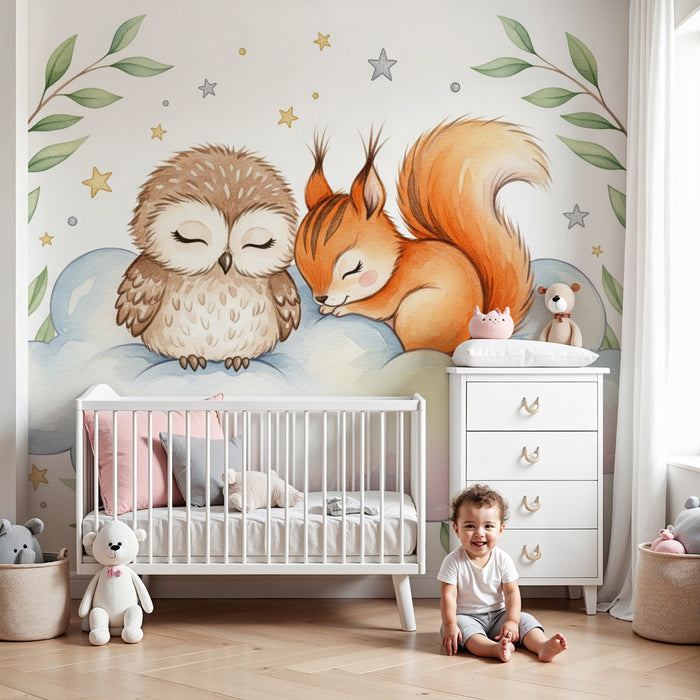 Papier peint chambre bébé | Hibou et écureuil endormis sur un nuage