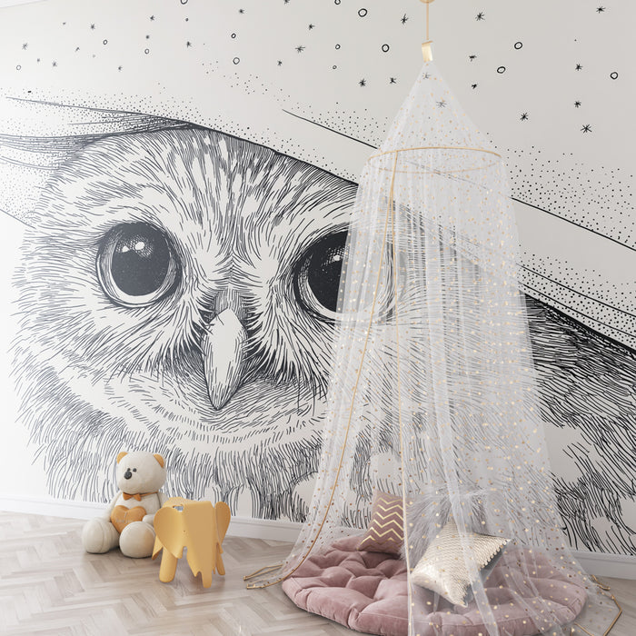 Papier peint chambre bébé | Hibou mystérieux sous les étoiles