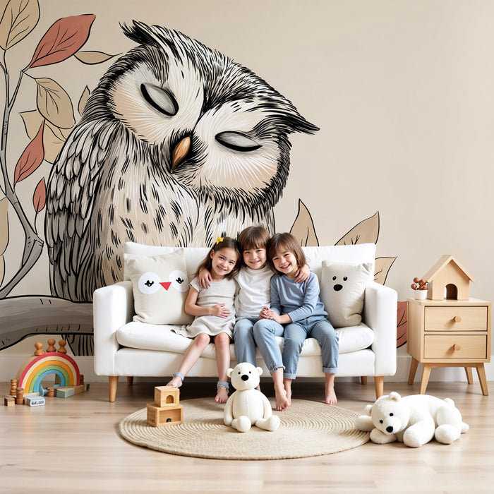 Papel de parede quarto bebê | Bufniță liniștită pe o ramură