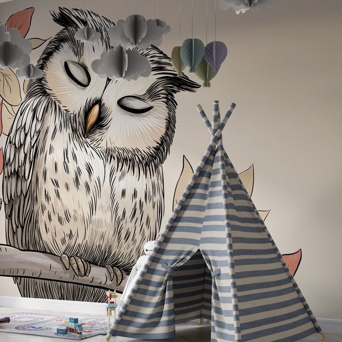 Papel de parede quarto bebê | Bufniță liniștită pe o ramură