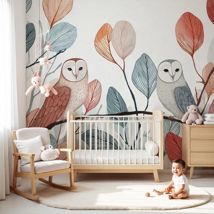 Papier peint chambre bébé | Hiboux élégants parmi les feuilles colorées