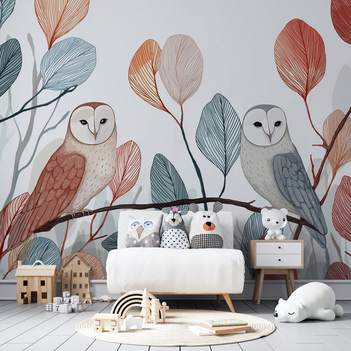 Papier peint chambre bébé | Hiboux élégants parmi les feuilles colorées