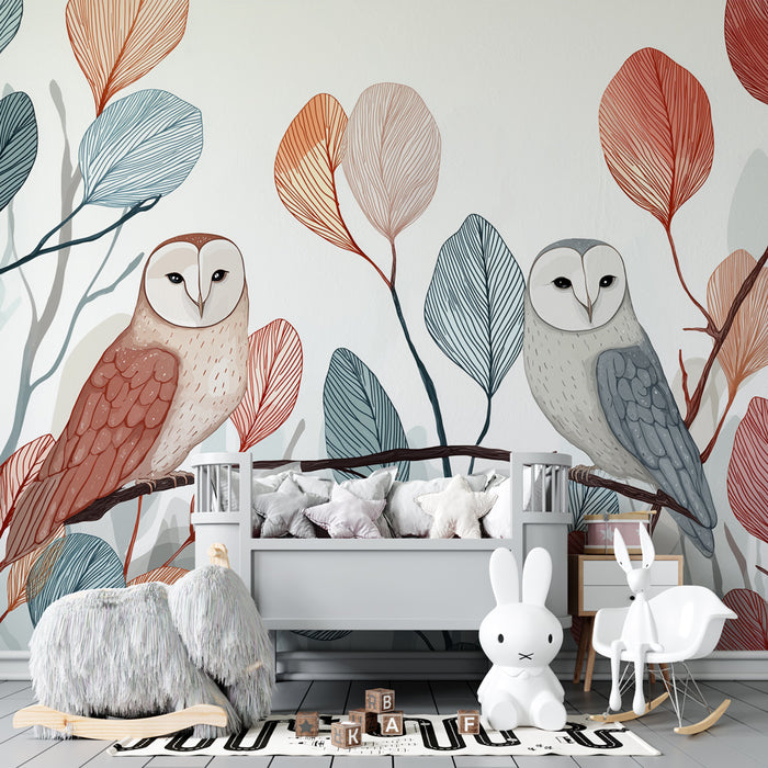 Papier peint chambre bébé | Hiboux élégants parmi les feuilles colorées