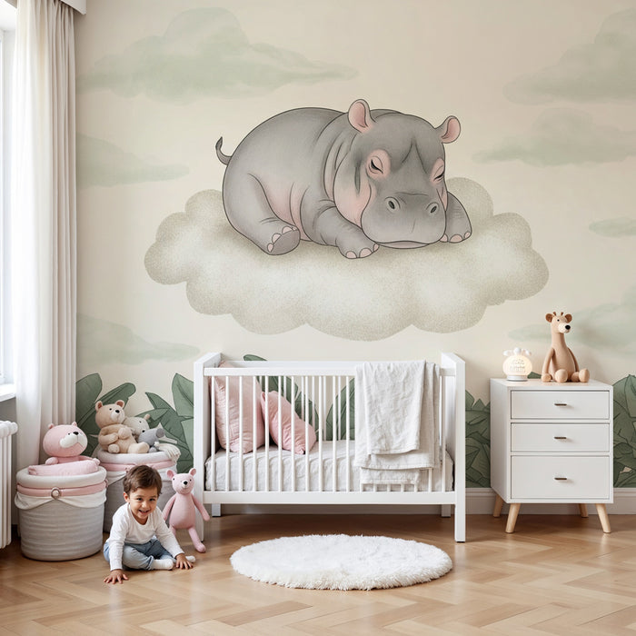 Papier peint chambre bébé | Hippopotame rêveur sur un nuage