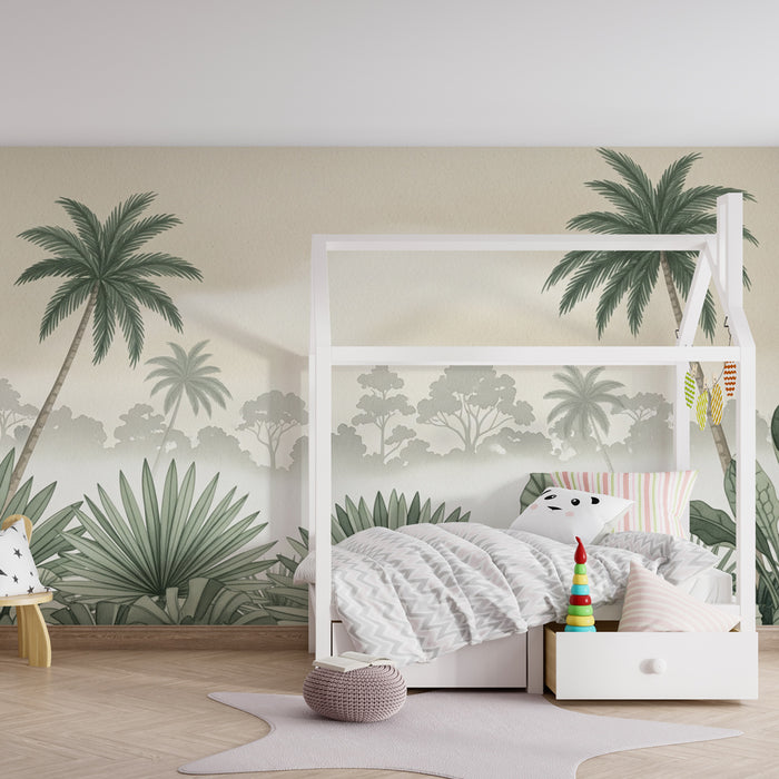 Papel de parede quarto bebê | Selva calmante e vegetação suave