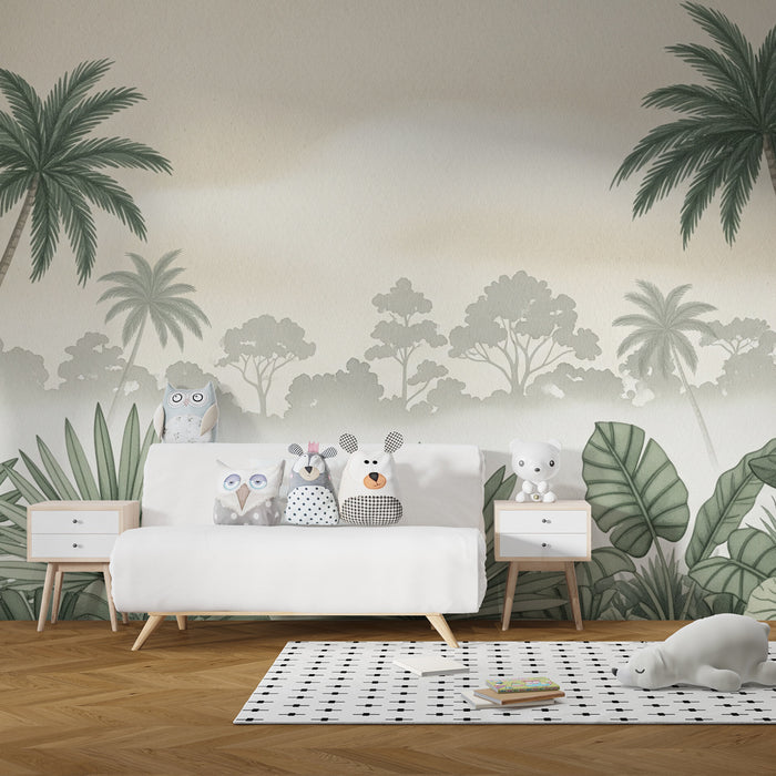 Papel de parede quarto bebê | Selva calmante e vegetação suave