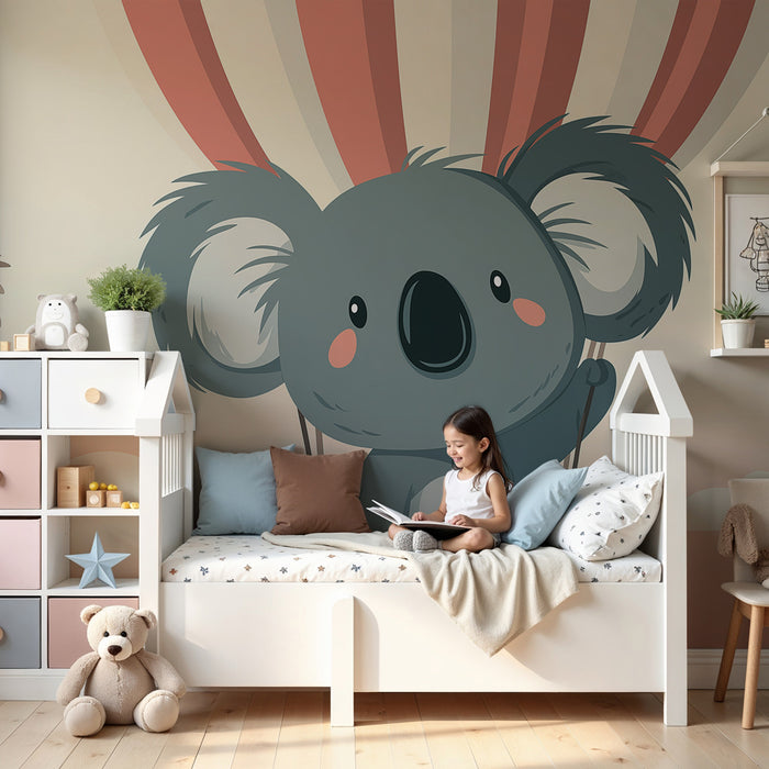 Papel de parede quarto bebê | Koala v balonu v nežnem nebu