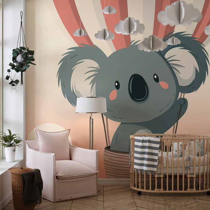 Papel de parede quarto bebê | Koala v balonu v nežnem nebu