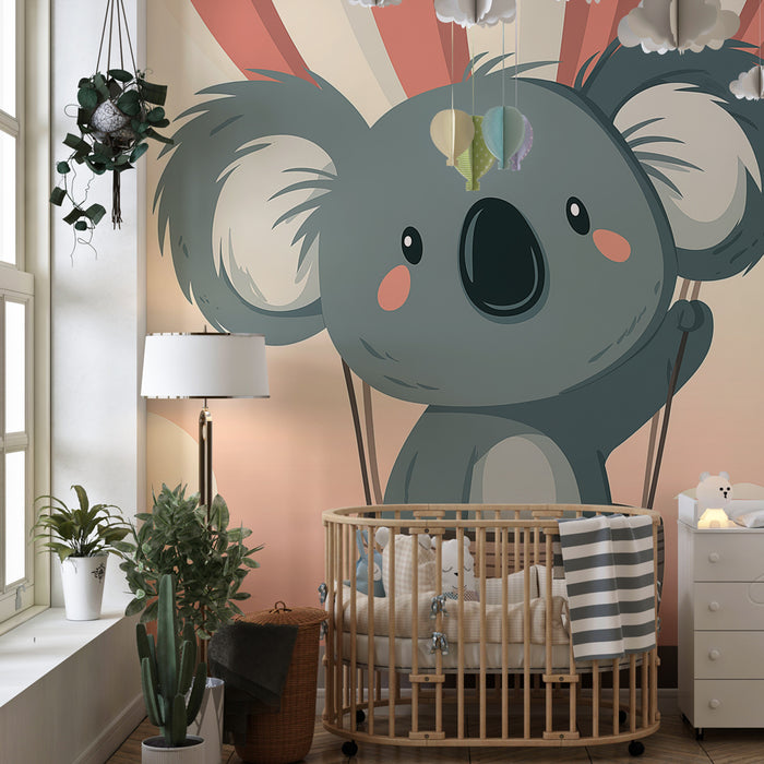 Papel de parede quarto bebê | Koala v balonu v nežnem nebu
