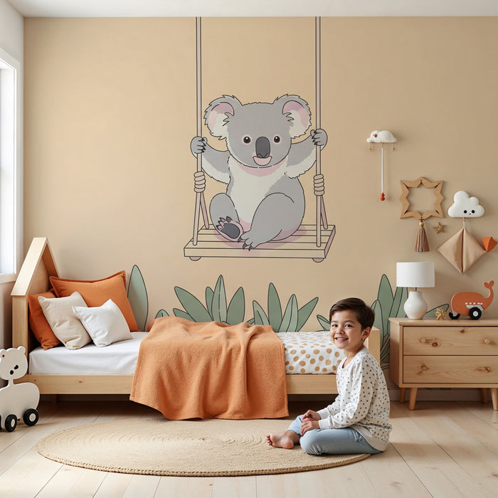 Carta da parati bambini | Koala felice su un'altalena