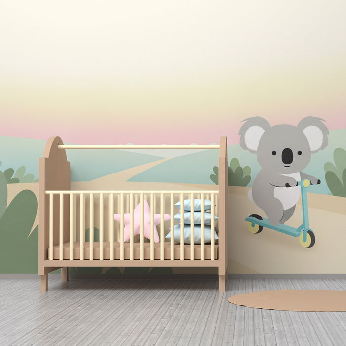 Tapet pentru camera de copii | Koala drăguț pe trotinetă