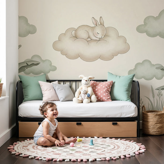 Papel de parede quarto bebê | Coelho dormindo em uma nuvem