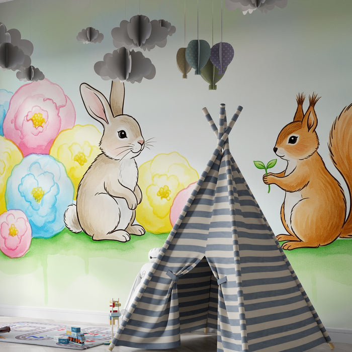 Papier peint chambre bébé | Lapin et écureuil au milieu des fleurs