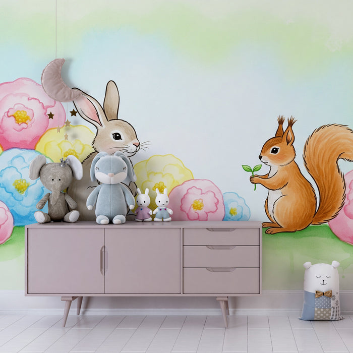Papier peint chambre bébé | Lapin et écureuil au milieu des fleurs