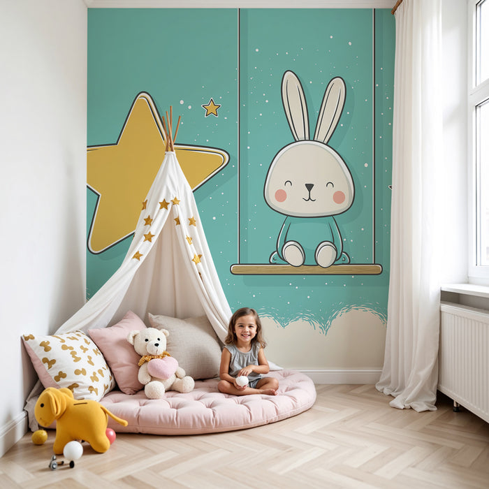 Carta da parati bambini | Coniglio felice su un'altalena stellata