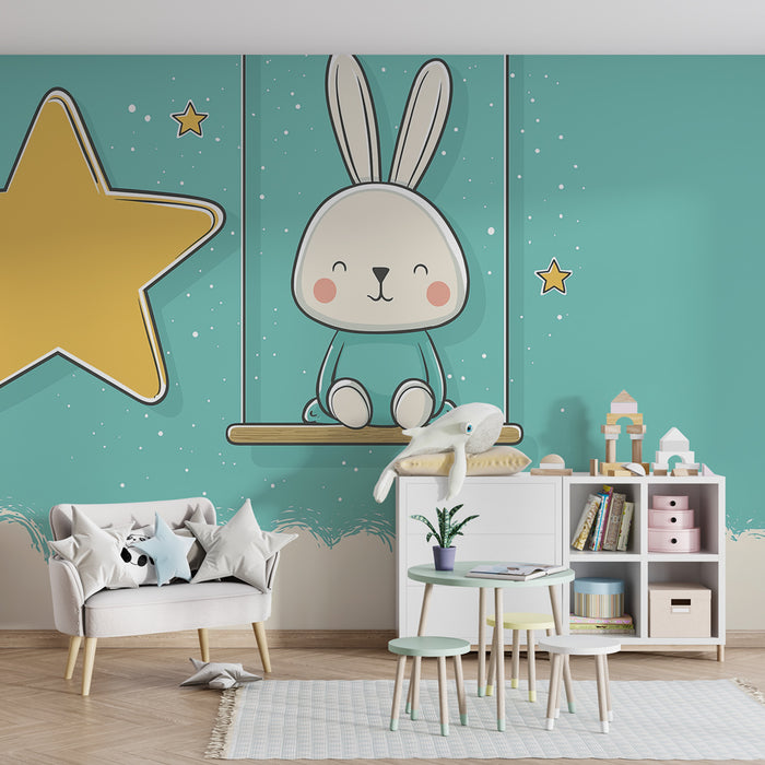 Carta da parati bambini | Coniglio felice su un'altalena stellata