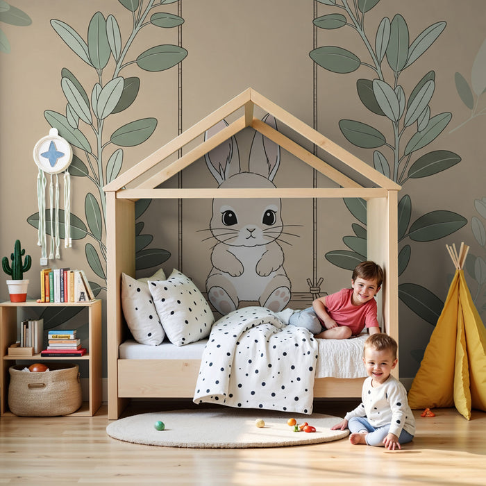 Nursery room wallpaper | Cute bunny on a swing