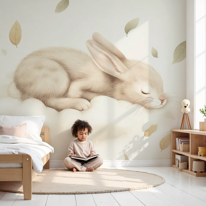 Papier peint chambre bébé | Lapin paisible sur un nuage