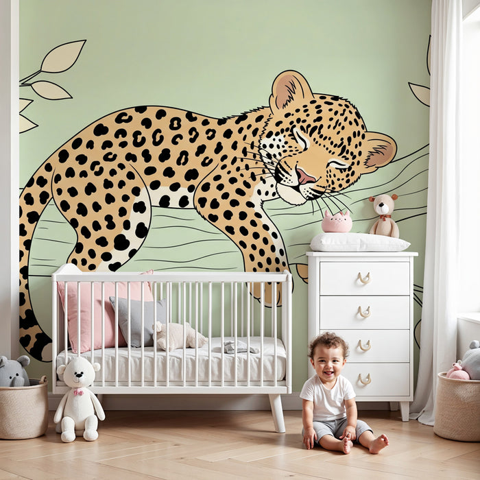 Babykamer behang | Slapende luipaard op een tak