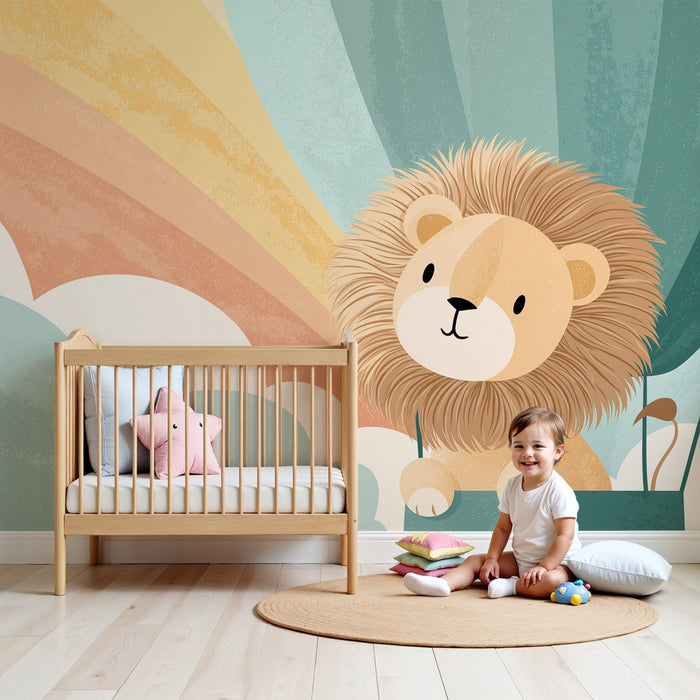 Babykamer behang | Leeuw in een ballon en regenboog