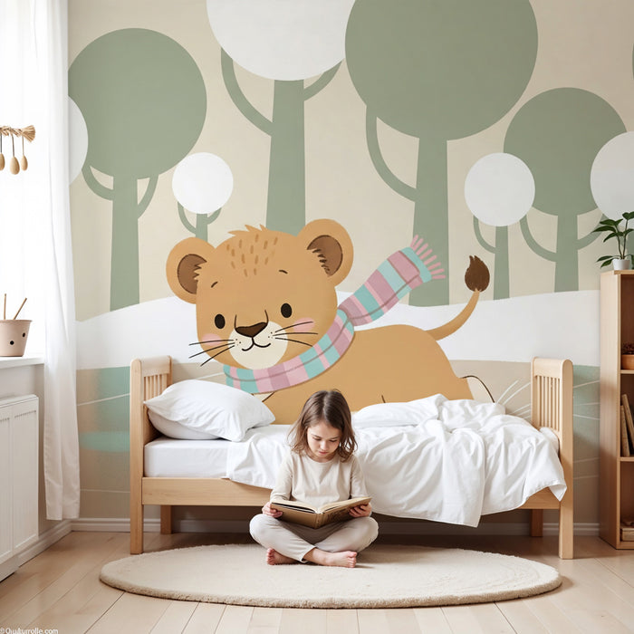 Papier peint chambre bébé | Lionceau sur la glace dans un paysage hivernal