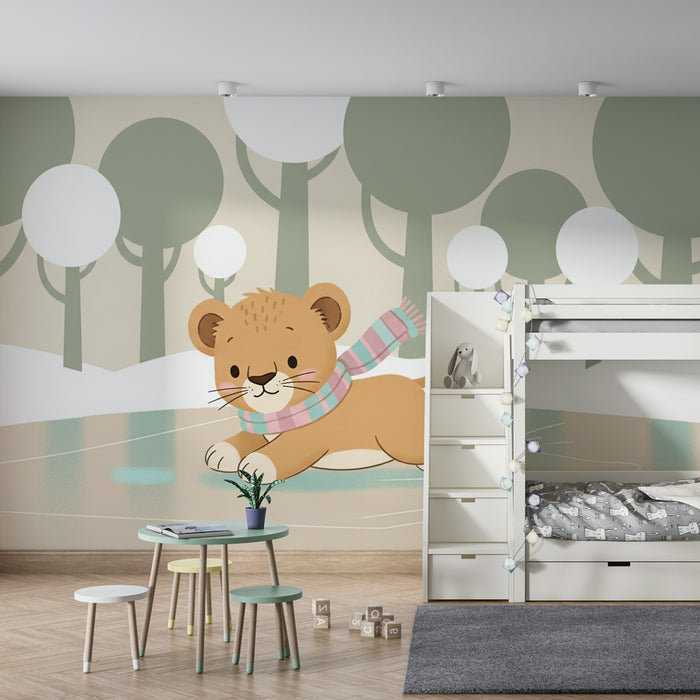 Papier peint chambre bébé | Lionceau sur la glace dans un paysage hivernal