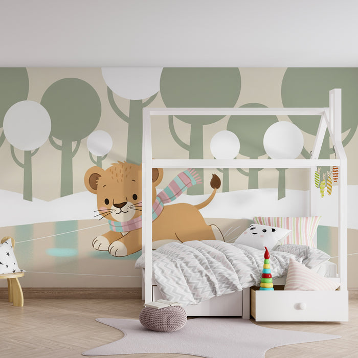 Papier peint chambre bébé | Lionceau sur la glace dans un paysage hivernal