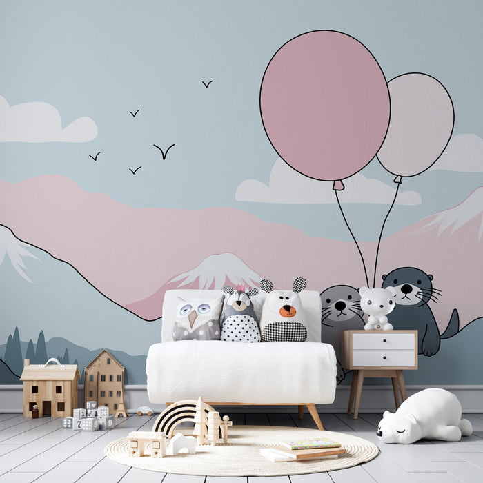 Nursery room wallpaper | Happy otters and mountain landscapes