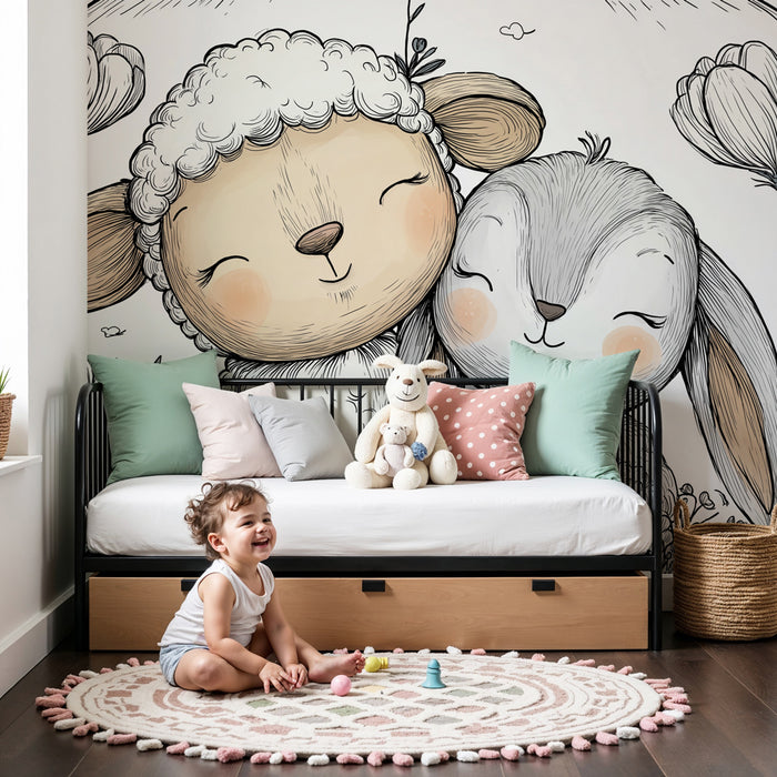 Papel de parede quarto bebê | Ovca in zajec prijatelji v cvetličnem vrtu