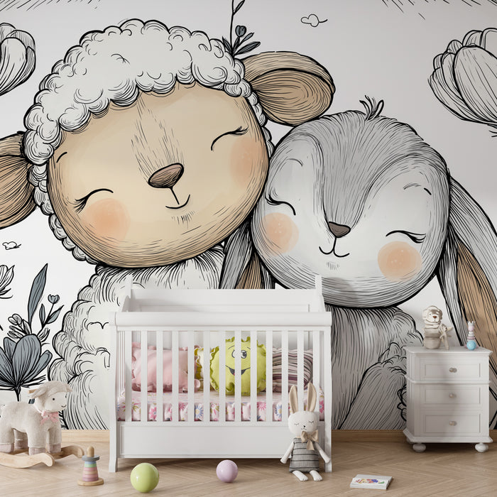 Papel de parede quarto bebê | Ovca in zajec prijatelji v cvetličnem vrtu