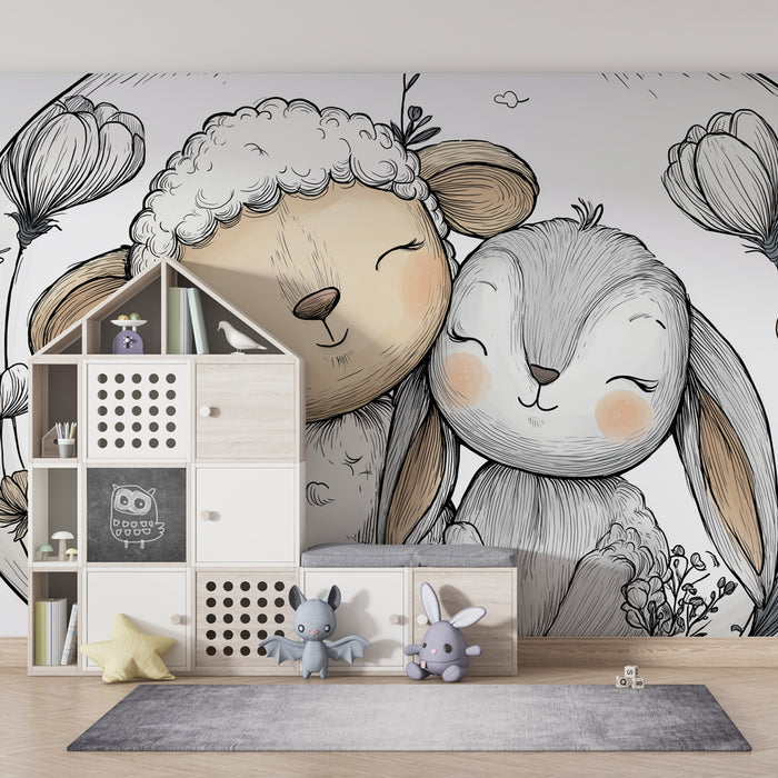 Papel de parede quarto bebê | Ovca in zajec prijatelji v cvetličnem vrtu