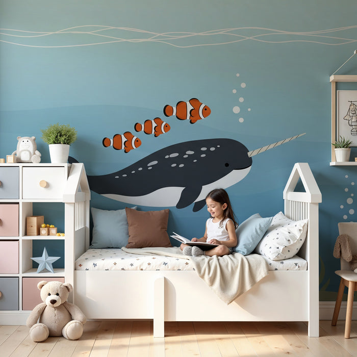 Papier peint chambre bébé | Narval et poissons clowns sous-marins
