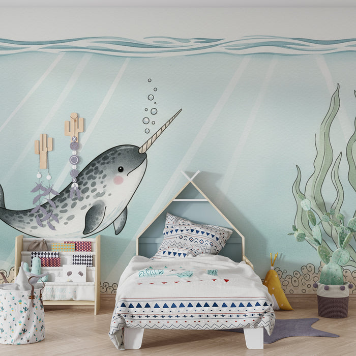 Papier peint chambre bébé | Narval joyeux sous l'eau