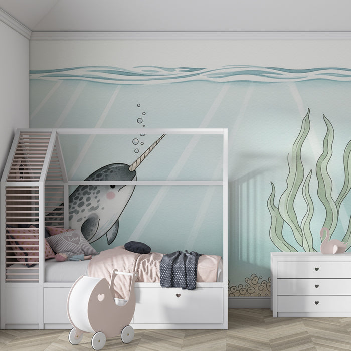 Papier peint chambre bébé | Narval joyeux sous l'eau