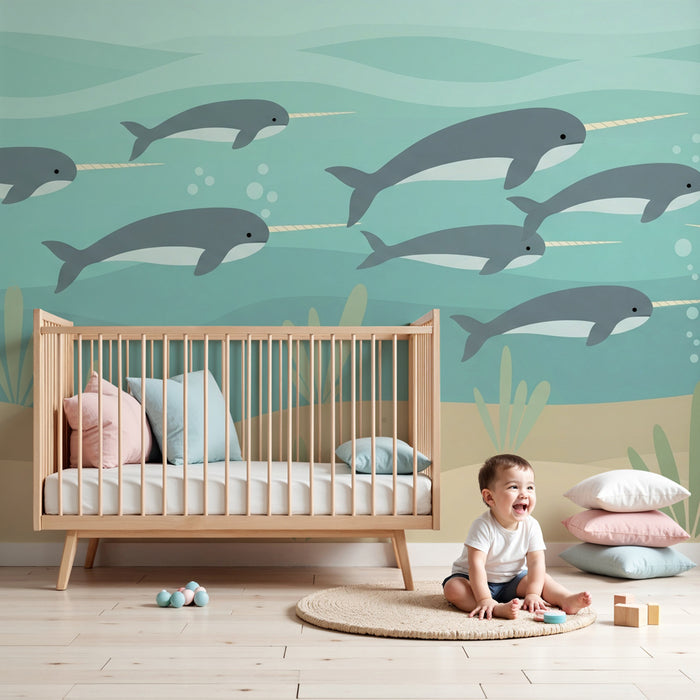 Papier de parede quarto bebê | Narvals hrajúci v oceáne