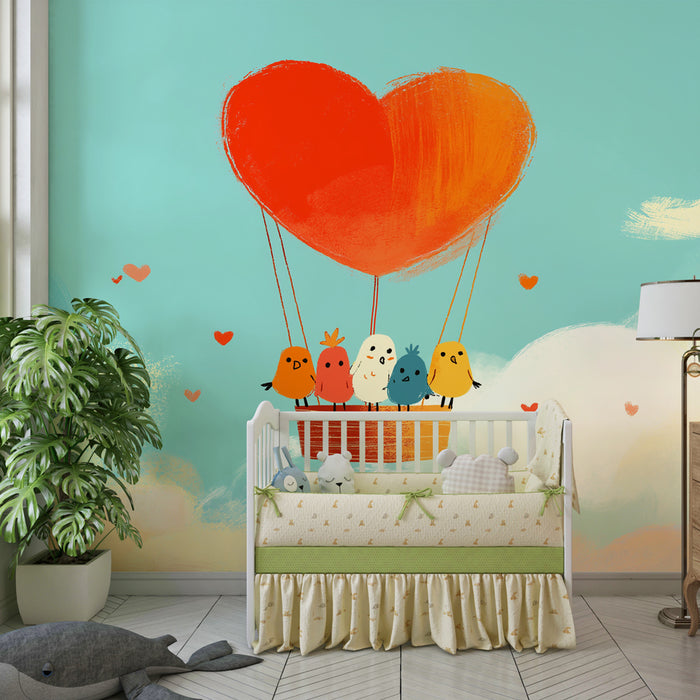 Papel de parede quarto bebê | Птици във въздушен балон върху нежно небе