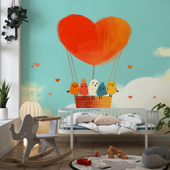 Papel de parede quarto bebê | Птици във въздушен балон върху нежно небе