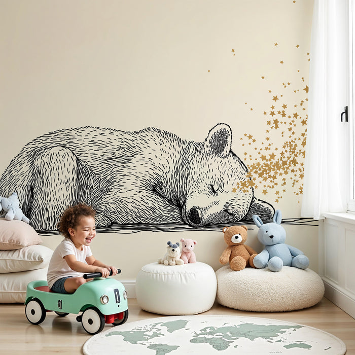 Papier de parede quarto bebê | Medvěd usínající a třpytivé hvězdy