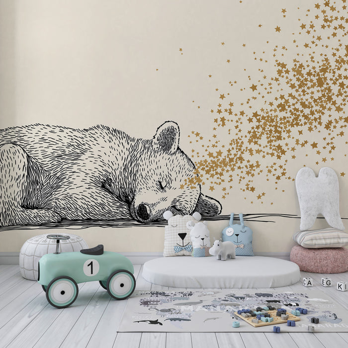 Papier de parede quarto bebê | Medvěd usínající a třpytivé hvězdy
