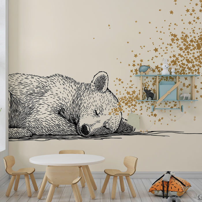 Papier de parede quarto bebê | Medvěd usínající a třpytivé hvězdy