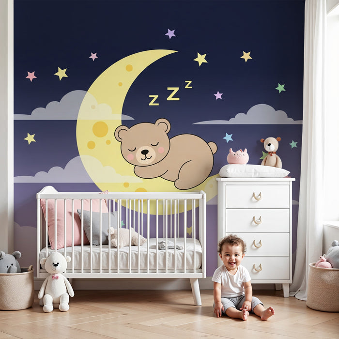 Papel de parede quarto bebê | Urso a dormir na lua