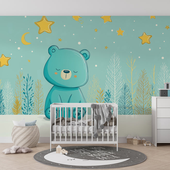 Papier peint chambre bébé | Ours mignon sous un ciel étoilé