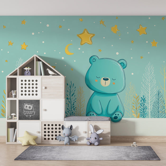 Papier peint chambre bébé | Ours mignon sous un ciel étoilé